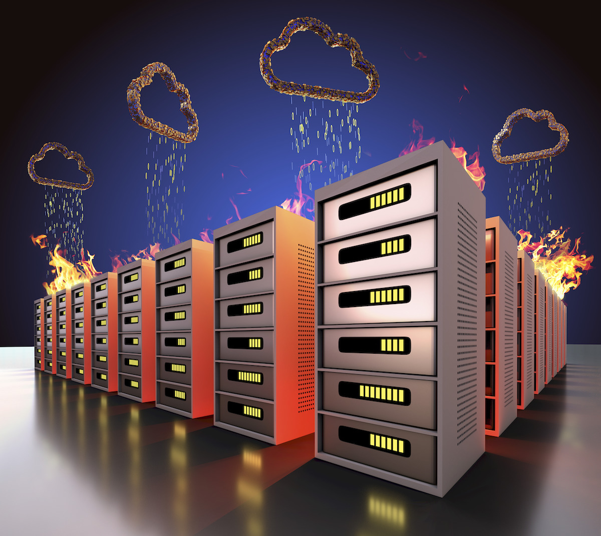 Illustration depicting disaster recovery via a backup from damaged server system.