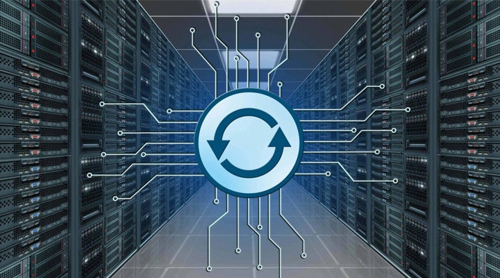 Patching update logo between information connecting lines - data server room as background - internet or information technology concept