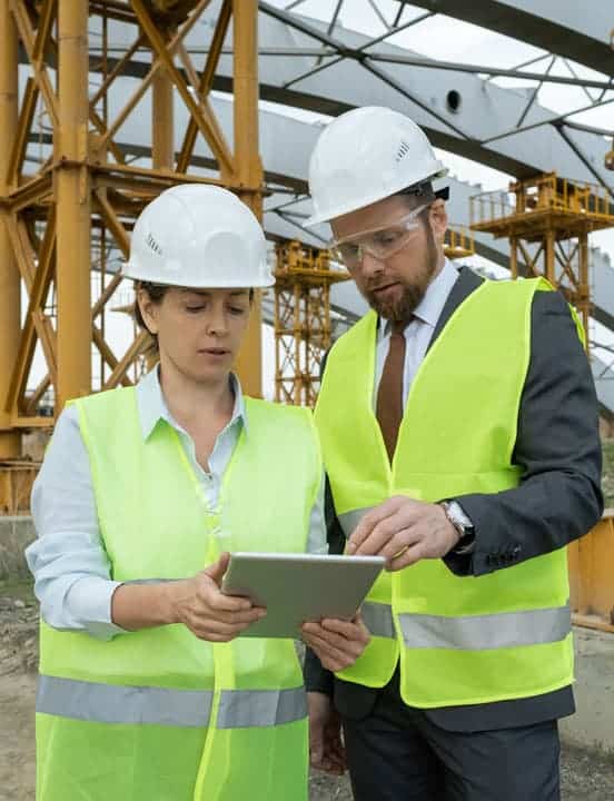 construction workers looking at plans on laptop