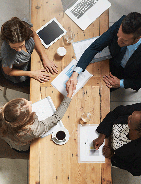 partners shaking hands across table